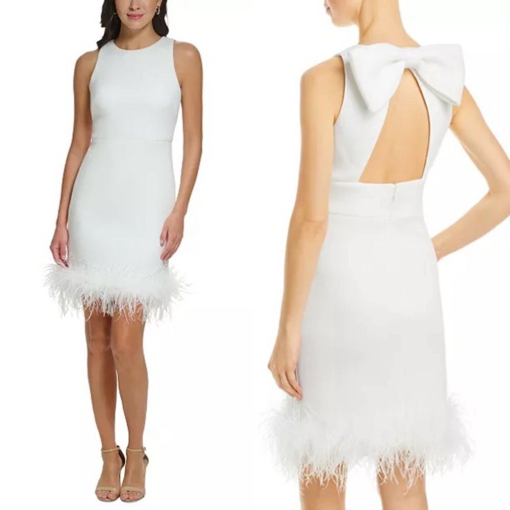 Eliza J NWT Jewel Neck Feather Trim Scuba Bodycon Dress in Ivory Size 10